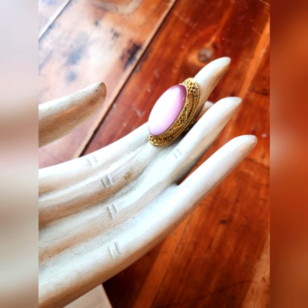 Pink Cat's Eye Statement Ring with Beautiful Filigree Detailing - Picture 13 of 16